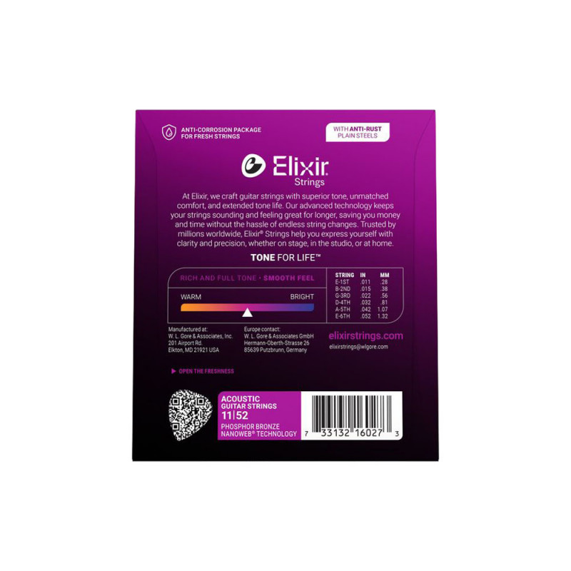 Elixir 16027 Phosphor Bronze Nanoweb Acoustic Custom Light 11-52