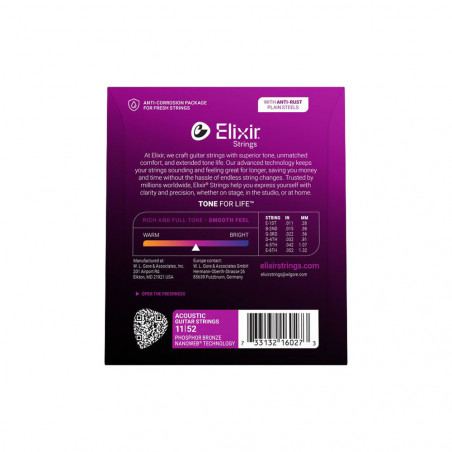 Elixir 16027 Phosphor Bronze Nanoweb Acoustic Custom Light 11-52